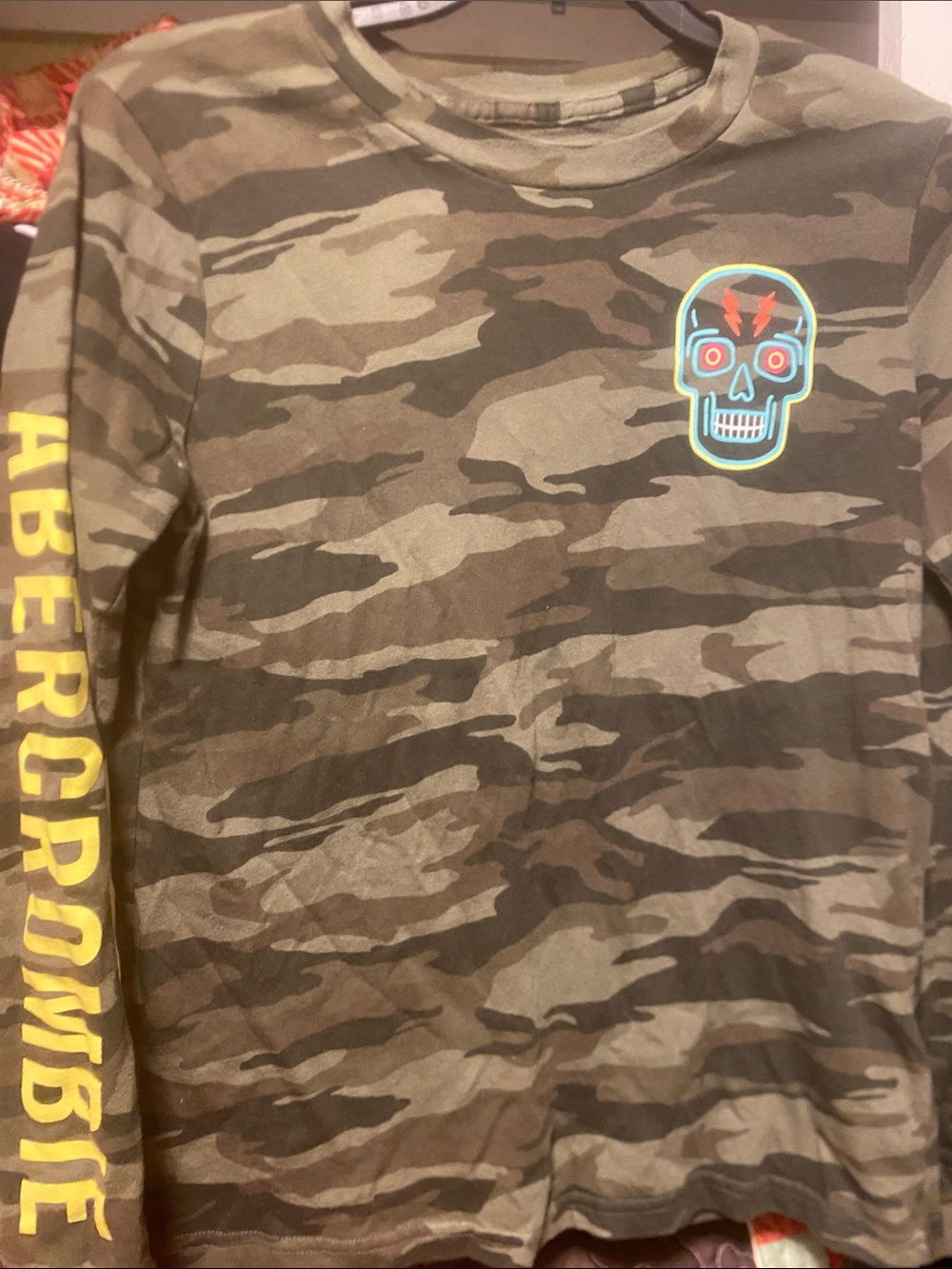 Abercrombie & Fitch Kids Camo Long-Sleeve Tee with Neon Skull and Yellow Logo